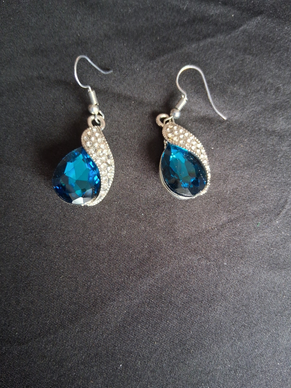 Blue Teardrop Crystal Dangle Earrings with Silver Pavé Detail
